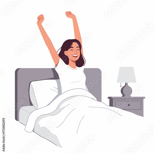 Flat Style Waking Up Stretched Girl Character Illustration in Morning Bedroom