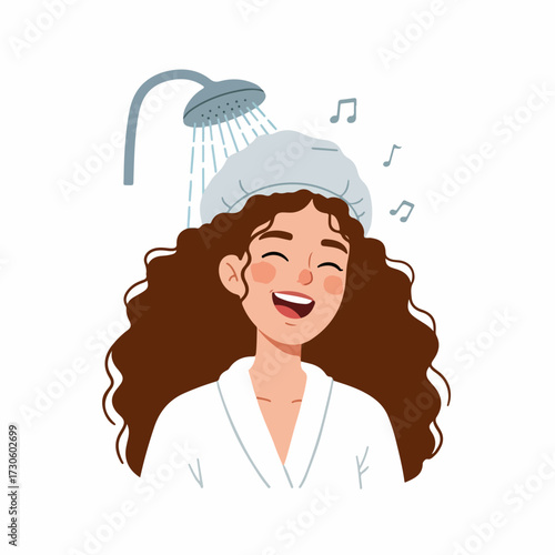 Flat Illustration of Young Woman Showering and Singing Happily in Bathroom