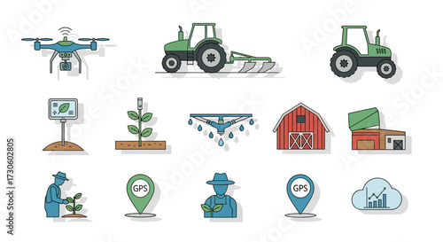 A colorful collection of smart farming and modern agriculture line art icons, including a drone, tractor, and barn.