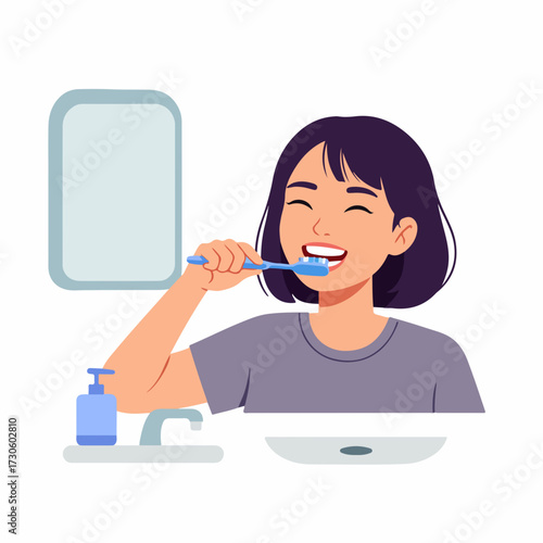 Cartoon Style Cheerful Woman Brushing Teeth Oral Hygiene Illustration