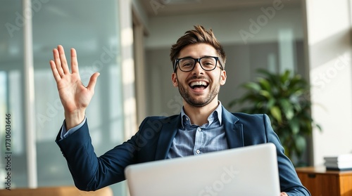 Excited, businessman and laptop with celebration for good news, promotion or winning at office. Happy man