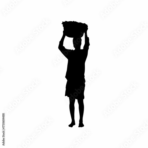 Silhouette of a farmer unloading rice from a tractor trolley isolated on white background