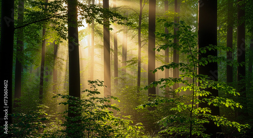Lush Sunlight in Forest: A serene forest bathed in warm sunlight, with tall trees reaching towards the sky, creating a sense of peace and tranquility.