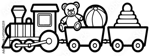 Colorful train illustration featuring a teddy bear, beach ball, and stacking rings in playful carriages, designed for children's coloring activities and creative expression