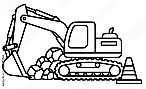 Excavator illustration with detailed tracks, bucket, and rocks, showcasing construction equipment in a simplified design, perfect for coloring page activities