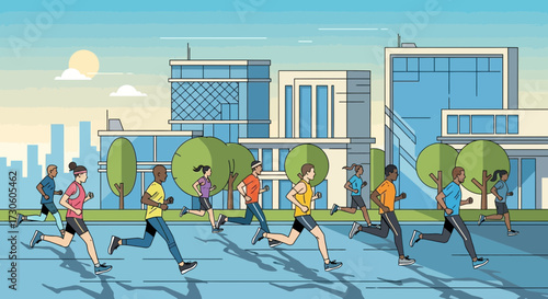 Group of Diverse People Running in City Park Illustration