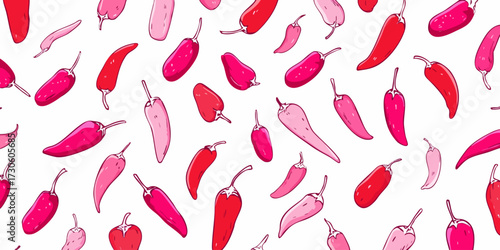 Hand-drawn red and pink chili peppers, spread on a white background