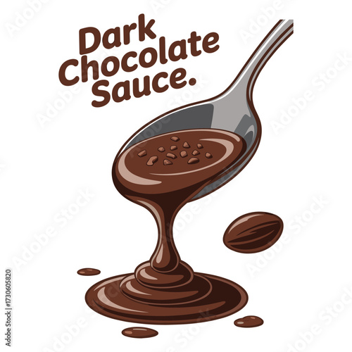 Dark Chocolate Sauce Vector Illustration. Dessert Topping Spoonful Drizzling