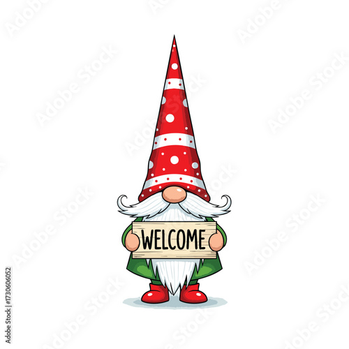 A charming cartoon garden gnome with a tall red polka dot hat holding a welcome sign.