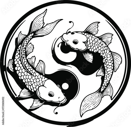 Koi fish yin-yang pair, flowing line art, calm and zen aesthetic 1