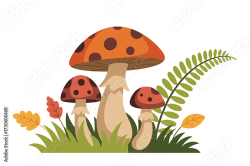 Forest Mushrooms Vector Group Illustration on White Background Natural Design