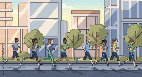 Urban Group Jogging – Active Lifestyle Scene with Runners in City Environment
