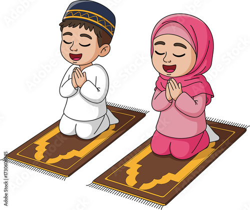 Cartoon children praying, Islamic worship illustration, peaceful devotion scene, cultural religious practice, prayer mat design, hijab and cap characters, spiritual moment artwork