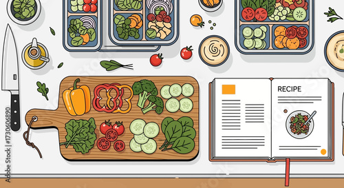 Healthy Meal Prep – Top-Down Kitchen Workspace with Fresh Vegetables and Recipe Book