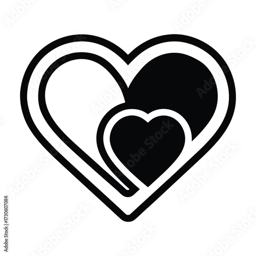 Black and white graphic of two nested hearts with thick outlines love symbol