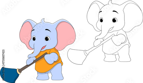 Cute Cartoon Elephant Sweeping with Broom Illustration