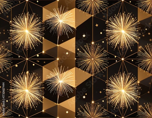 Golden fireworks explode in a geometric pattern on a black background
