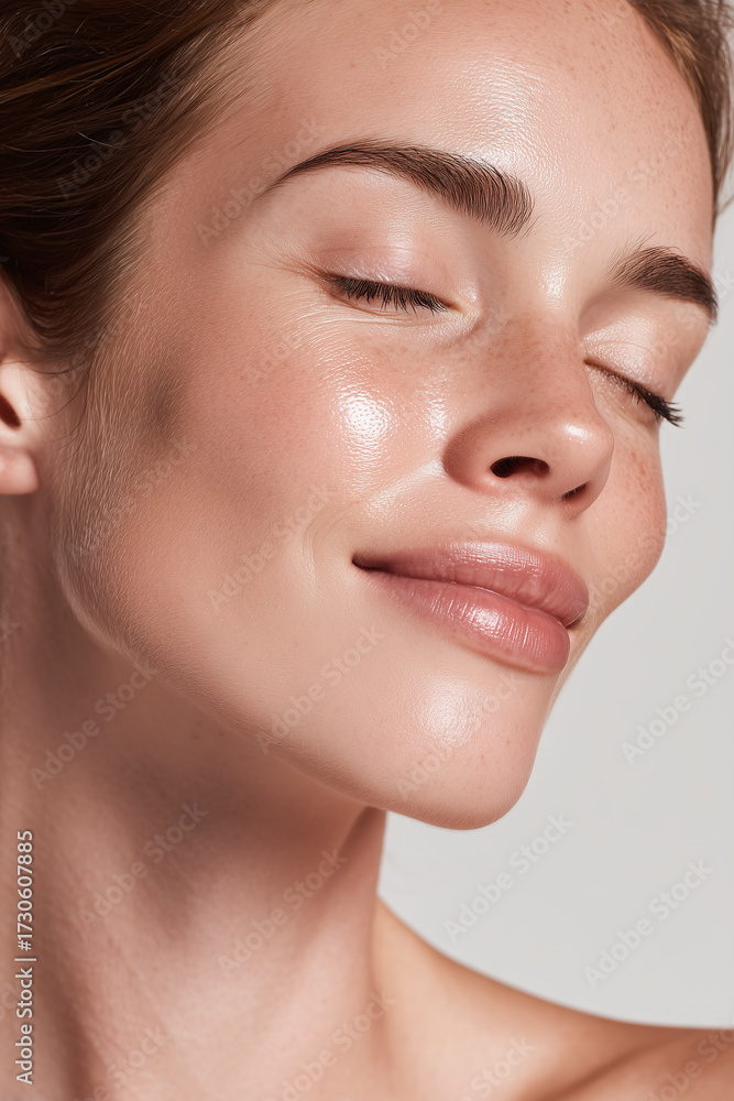 Obraz premium Glowing fair skin close up of woman with closed eyes and natural makeup, showing smooth texture and healthy complexion with serene expression
