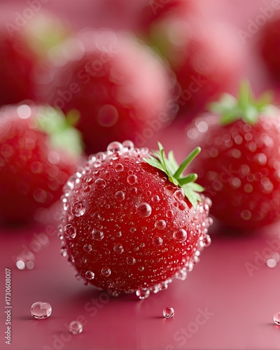 Macro Close Up Of Ripe Strawberry With Water Droplets Against Red Background