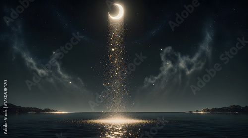 Crescent moon shines, casting golden sparkles onto the sea