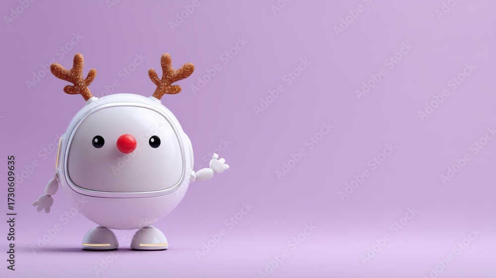 Obraz premium A cute, round robot character with reindeer antlers and a red nose, waving against a soft purple background, cute Christmas robot