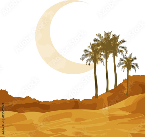 This illustration shows a desert landscape with golden sand dunes, tall palm trees, and a large glowing crescent moon set against a dark night sky.