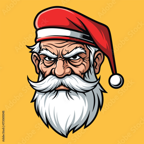 An angry and serious Santa Claus head mascot with a long white beard and red hat.