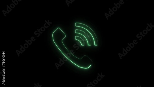 Glowing green neon phone receiver icon with signal waves on black background abstract