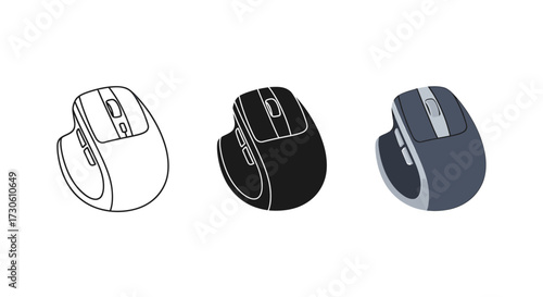 Ergonomic vertical mouse set in different styles comfortable computer accessory for wrist health vector illustration isolated on white
