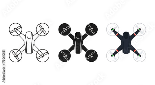 Drone vector icon set minimalist line and solid style perfect for technology and transportation related designs