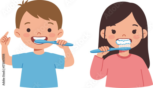 Cartoon Children Brushing Teeth Together, Promoting Dental Hygiene and Healthy Habits, Cute Kids Practicing Morning Routine with Toothbrush and Toothpaste