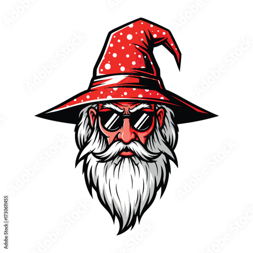 Cool wizard head with a red polkadot hat sunglasses and a long white beard.