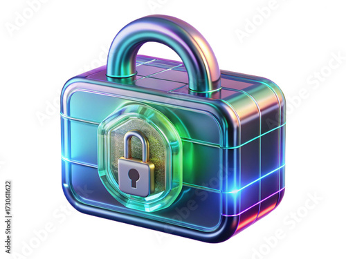 Futuristic digital padlock icon with glowing neon lines representing cybersecurity and data protection isolated on transparent background