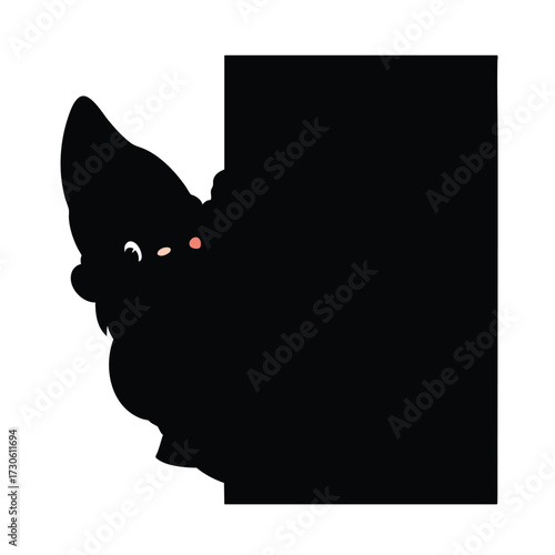 Curious black silhouette of a cartoon gnome with a pointy hat peeking from behind a wall.