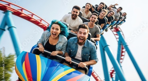 A group of people riding a roller coaster at an amusement park.