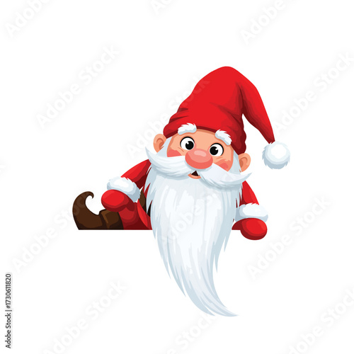 Cute cartoon Christmas gnome with a long white beard and pointy red hat peeking over an edge.