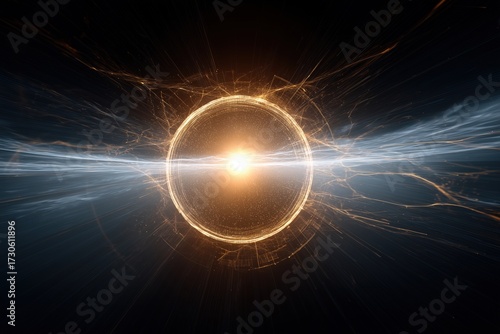 Bright glowing sphere at the center of a dark space with swirling light patterns around it