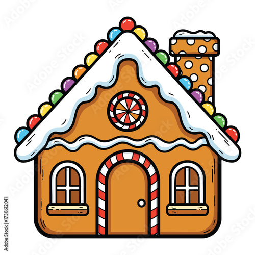 Cute cartoon gingerbread house with colorful candy decorations and a snowy icing roof.