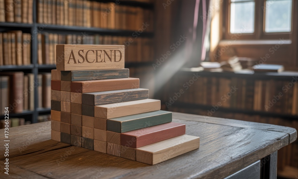Obraz premium Ascend steps made of wooden blocks in front of a library
