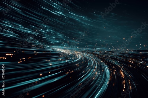 Dynamic motion of light trails creating a vibrant starry pathway in a digital universe