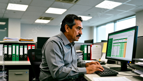 Focused Accountant Entering Tax Data On Excel Spreadsheet In Modern Office