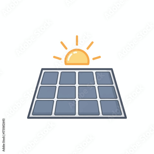 Harnessing the sun's energy, a modern solar panel array gleams under a bright, stylized sun, symbolizing clean power and sustainability.