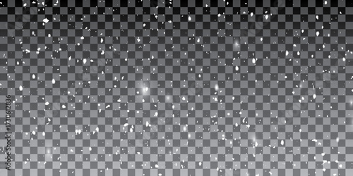 Vector illustration of flying snow on a transparent background. Natural phenomenon of snowfall or blizzard.	