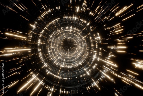 Dynamic light streaks and circular patterns create a stunning visual of space and time