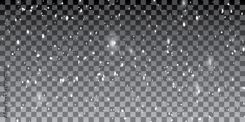 Vector illustration of flying snow on a transparent background. Natural phenomenon of snowfall or blizzard.	