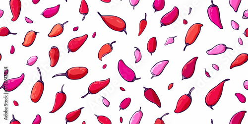 Red & pink chili peppers scatter on a white background