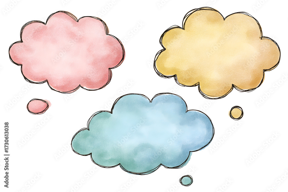 Obraz premium Pastel speech bubble cloud set playful cartoon accent colorful art. Isolated on transparent.