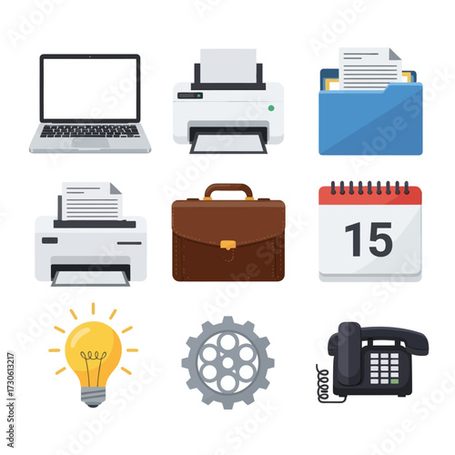 Modern workspace essentials for streamlined productivity and success, featuring laptop, printer, briefcase, and calendar to keep you organized and efficient