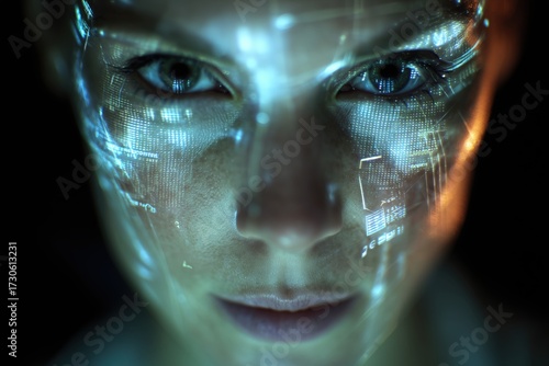 Close-up view of a person with digital projections on their face in a futuristic setting during late evening hours