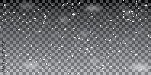 White dust light. Bokeh lights effect. Background of shining elements. Motion blur effect of falling snow on transparent background.  Natural phenomenon of snowfall or blizzard.	
